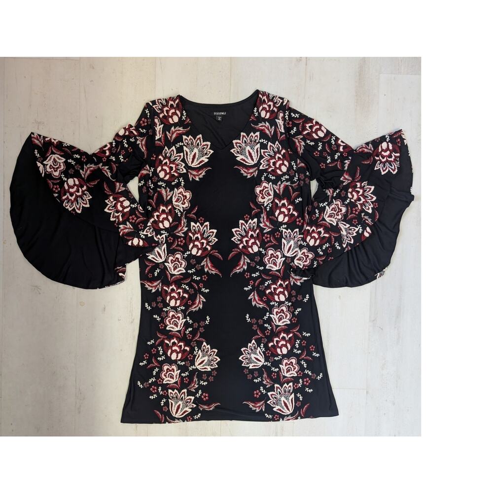 Black Floral Fit & Flare Dress Bell Sleeves Roz & Ali XL Boho Stretch Whimsigoth - Picture 2 of 8